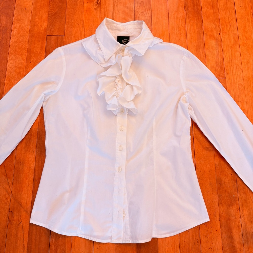 Just Cavalli Classic White Blouse with Ruffled Detail - Size MEDIUM